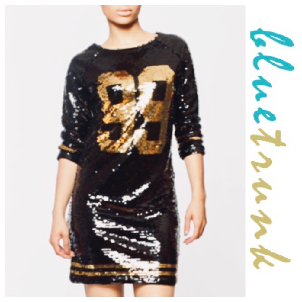 ‘99’ BLACK & GOLD SEQUIN JERSEY SHIFT DRESS